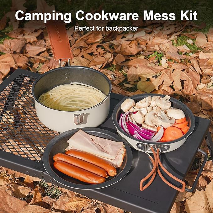 Odoland 10pcs Camping Cookware Non-Stick Camping Pot and Pan Set with Plate Bowl Fork Knife Spoon