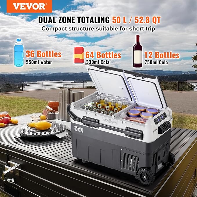 VEVOR Portable Car Refrigerator, 12 Volt Car Refrigerator Fridge, 50Liter(52.8qt) Dual Zone