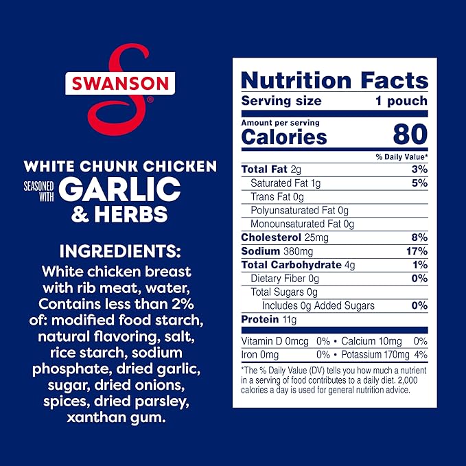 Swanson Garlic and Herbs White Chunk Fully Cooked Chicken, Ready to Eat, Simple On-the-Go Meals