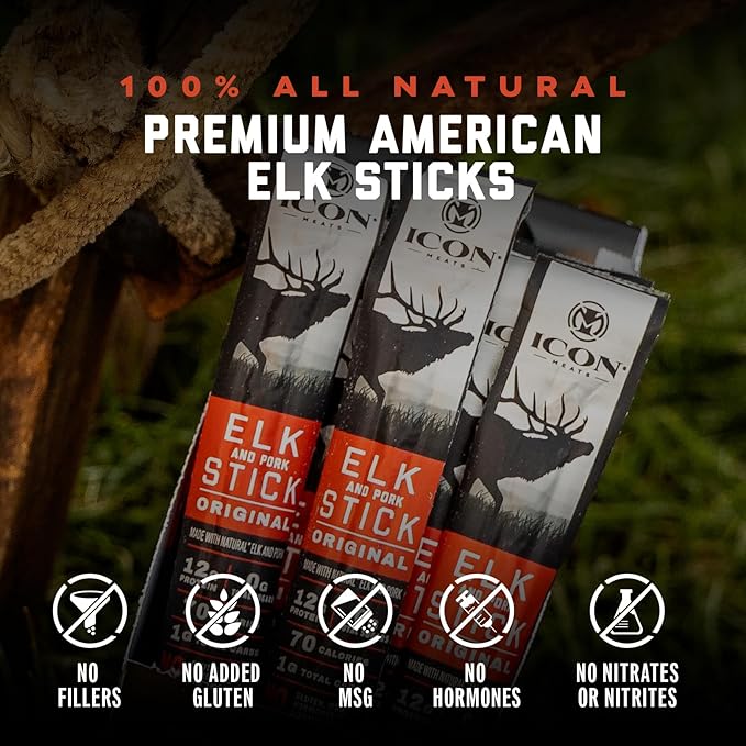 ICON Meats Elk and Pork Snack Sticks - Original Flavor - 24 Pack of Individually Wrapped Jerky Meat
