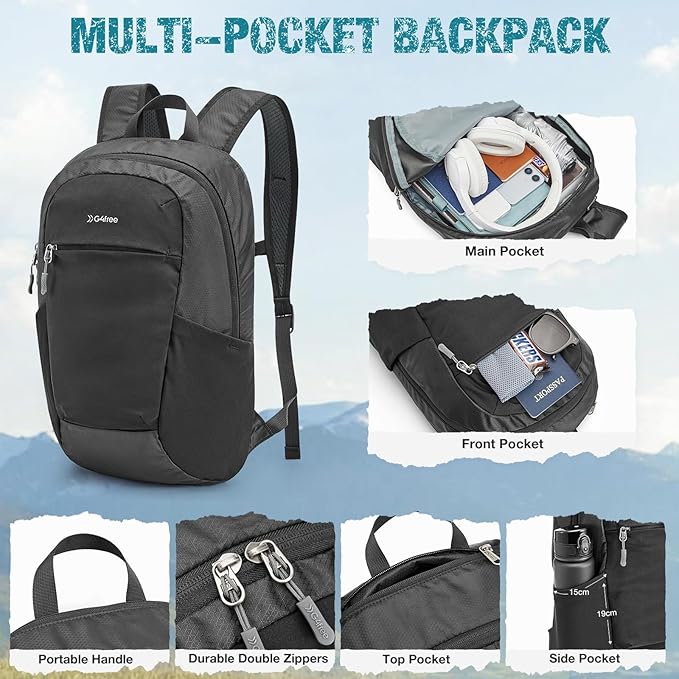 G4Free Packable Hiking Backpack 20L Lightweight Foldable Travel Daypack with Thickened Back Panel