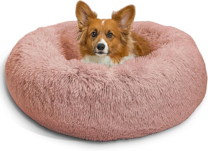 Best Friends by Sheri Original Calming Donut Dog and Cat Bed, Shag Faux Fur, Dusty Rose, (30in x