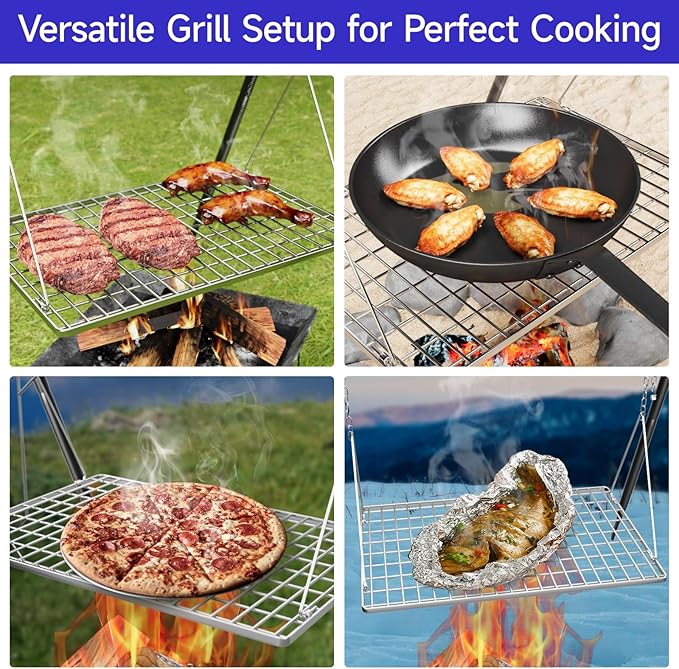 Grill Swing Campfire Cooking Stand, BBQ Grill for Cookware, Bruntmor Dutch Oven Adjustable