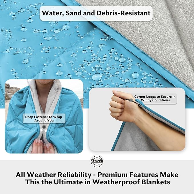 STOVER Outdoor Waterproof Fleece Travel Blanket for Camping, Picnics, Stadiums, Sports, The Beach