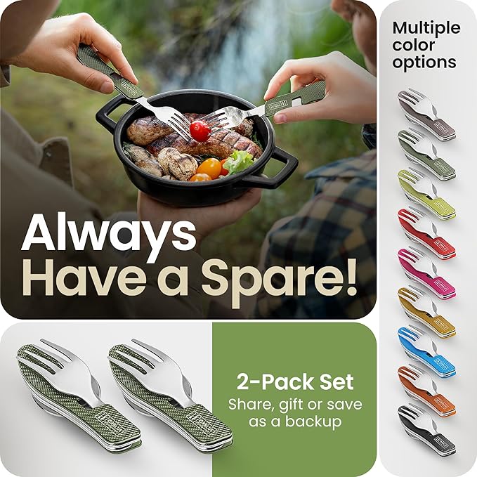 Orblue 4-in-1 Camping Eating Utensils, 2-Pack - Portable Spoon, Fork, Knife & Bottle Opener Combo