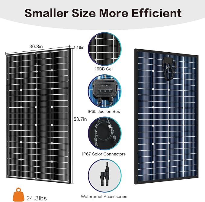 JJN Bifacial 200 Watt Solar Panel, 16BB N-Type 200W 12V 25% High Efficiency 200W Solar Panels