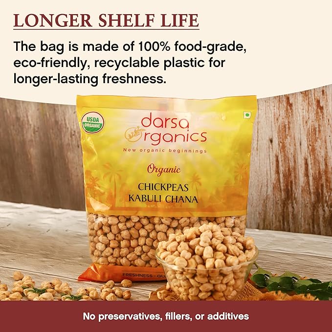 Darsa Organics Chickpeas (Garbanzo Beans) 2 lb | Kabuli Chana Dal | USDA Organic, Non-GMO, Kosher |