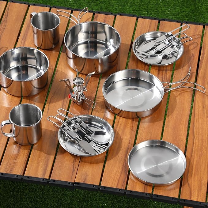 15 Pcs Camp Cooking Set Stainless Steel Camping Cookware Mess Kit with Pot Pan and Stove 2 Set