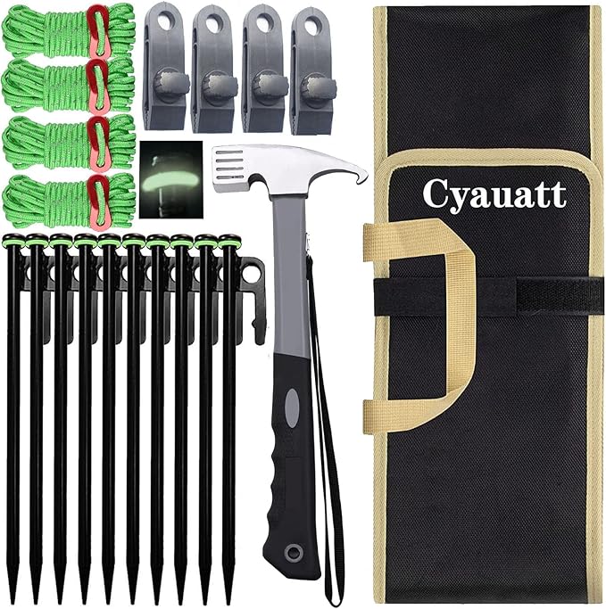 10 Pcs Heavy Duty Tent Stakes and Camping Hammer Set,10in Metal Tent Stake for Lawn,Ground and