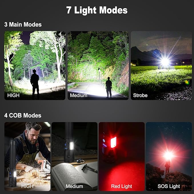 Rechargeable Flashlights 90000 High Lumen, 10000 ɱAh ?ATTERY LED Flashlight with Cob-Light for