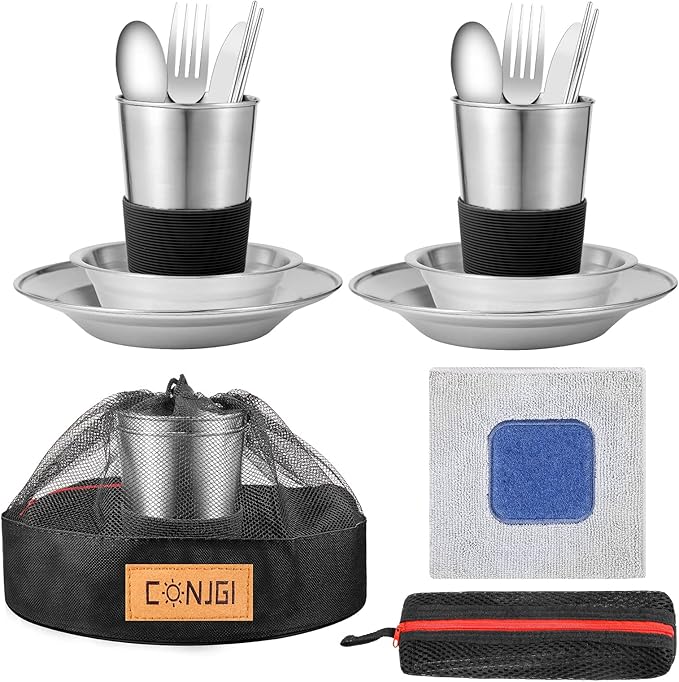 Outdoor Camping Mess Kit - 1 to 2 persons Camping Dishes Includes Cups, Bowls, Dishes, Knives