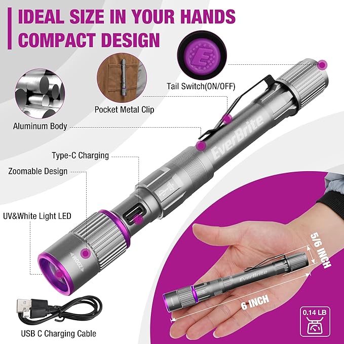 EverBrite Rechargeable Pen Flashlight with UV Light and White Light, 395nm Black Flashlight with