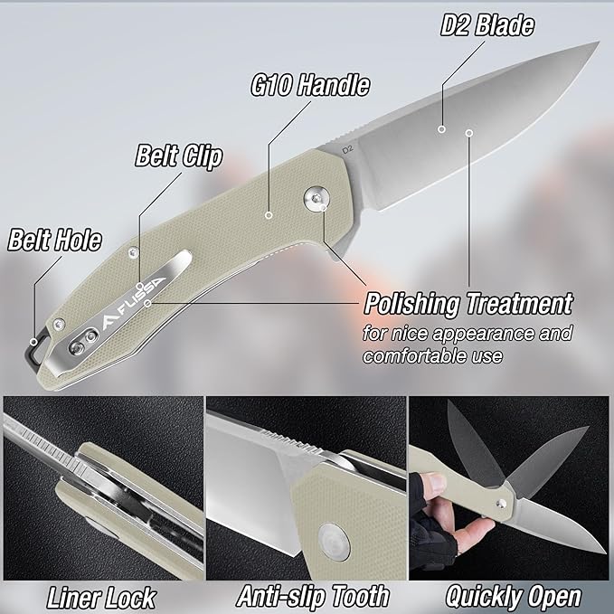 FLISSA Pocket Knife, Folding Tactical Knife with G10 Handle, D2 Blade, Liner Lock, Pocket Clip, EDC