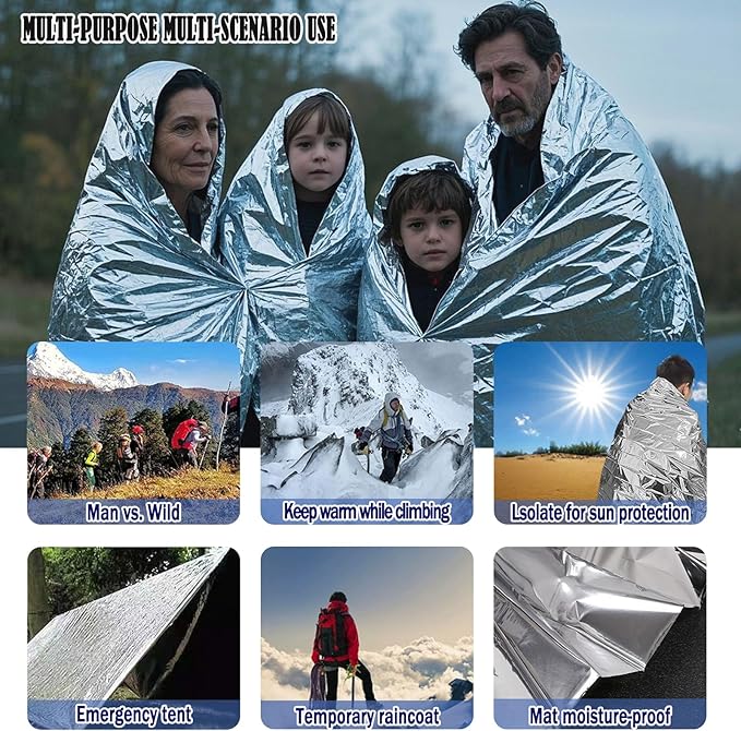 4-Pack Mylar Emergency Thermal Blankets - Waterproof Windproof Survival Gear for Camping, Hiking &