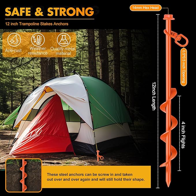 Zhengmy 12 Pcs Ground Anchors Screw in, 12 Inch Heavy Duty Tent Stakes with Trampoline Anchor Hook