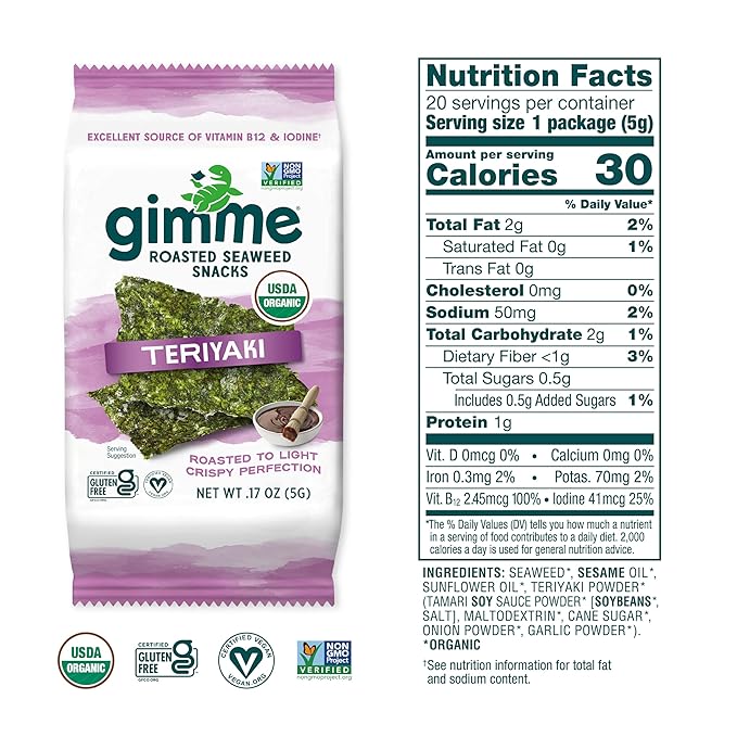 Gimme Seaweed Organic Premium Roasted Seaweed Snacks, Teriyaki, 20 Count, Keto, Vegan, Gluten-Free