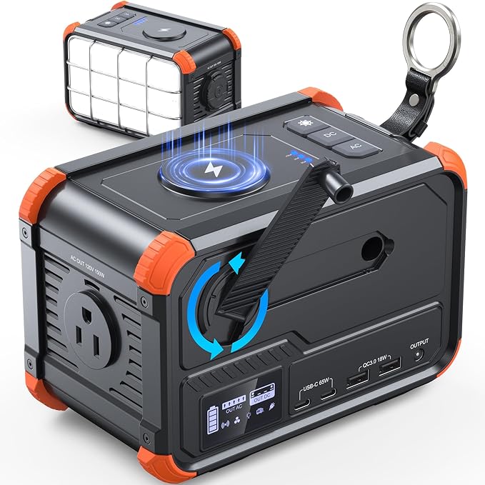 BROWEY Portable Power Station 153Wh Camping Small Solar Generator with Hand Crank 120V 150W AC