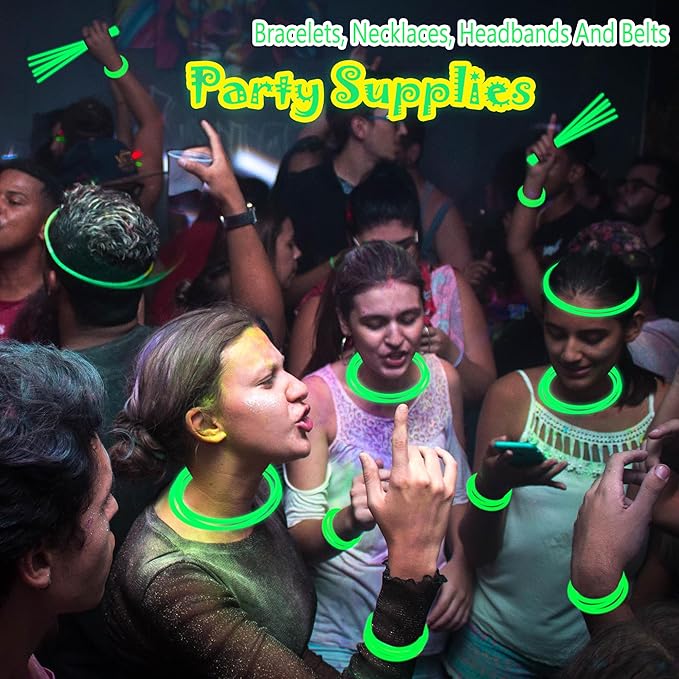 ILHSTY 100 pk 8'' Green Glow Sticks Glow Necklaces In The Dark Party Favors Supplies Bright