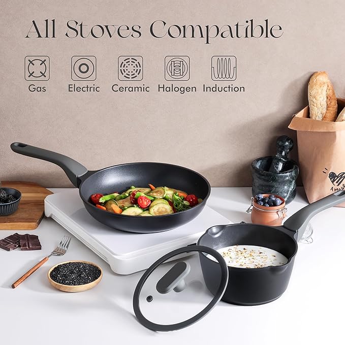 PRICUSIS Nonstick Ceramic Frying Pan with Lid, 8/10 Inch Skillet with Stay Cool Handle, Fully