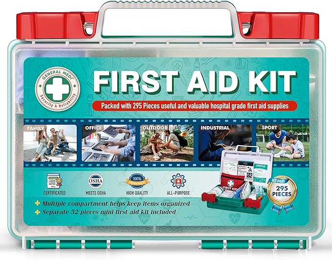 General Medi 295 Pieces Professional First Aid Kit - HardCase First Aid Box - Contains Premium