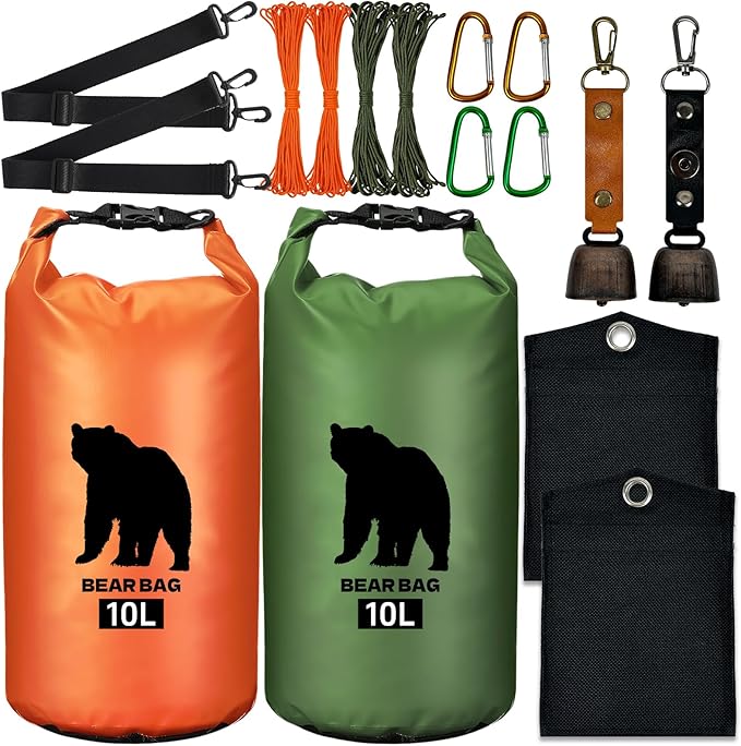 2 Pcs 10L Waterproof Bear Bags with 4 Nylon Ropes, 4 Clips & 2 Rock Pockets & 2 Small Warning Bells