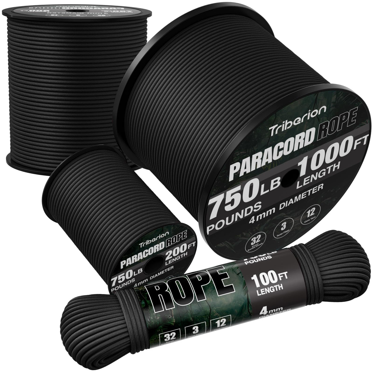 TRIBERION Paracord Rope 750 lb - 1000ft / 500ft / 200ft / 100ft 5/32" Parachute Cord 4MM 12-Strand