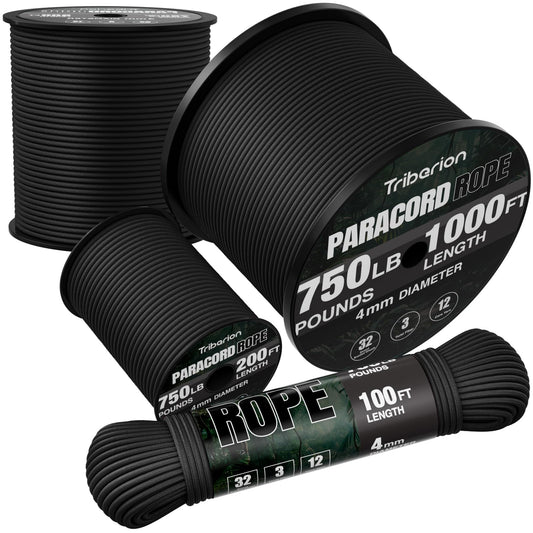 TRIBERION Paracord Rope 750 lb - 200ft 5/32" Parachute Cord 4MM 12-Strand para Cord - Heavy Duty