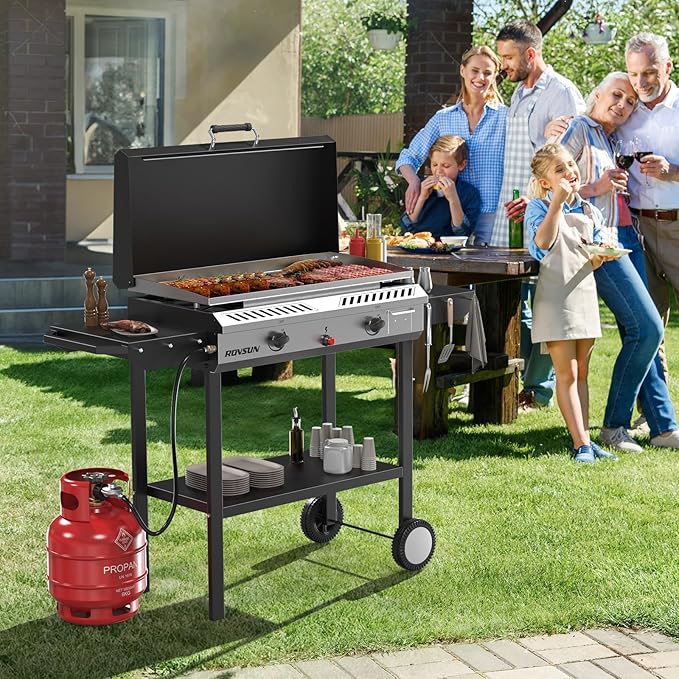 ROVSUN 2 Burner Outdoor Propane Gas Stove with Auto-ignition, Regulator & Shelf, 150,000 BTU