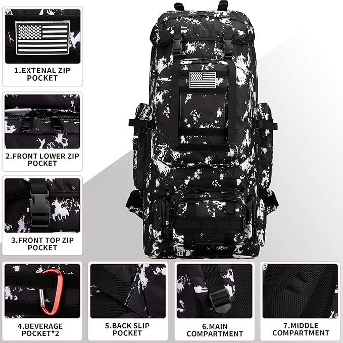 King'sGuard 100L Camping Hiking Backpack Molle Rucksack Military Camping Backpacking Daypack (Black