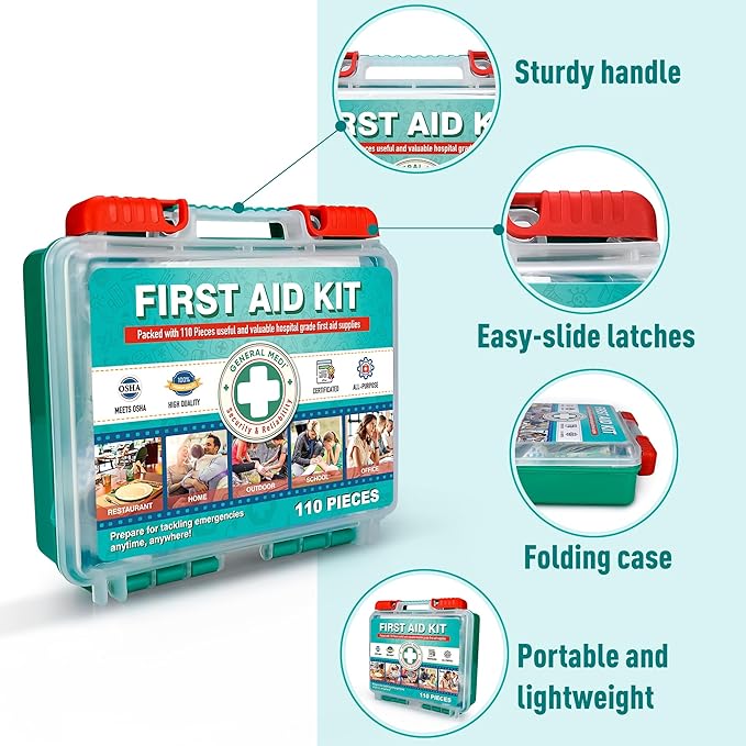 General Medi 110 Pieces Small First Aid Kit - HardCase First Aid Box - Contains Premium Medical