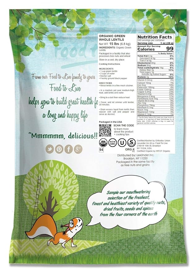Food to Live Organic Whole Green Lentils, 15 Pounds ??Non-GMO, Dried Raw Beans, Sproutable, Vegan