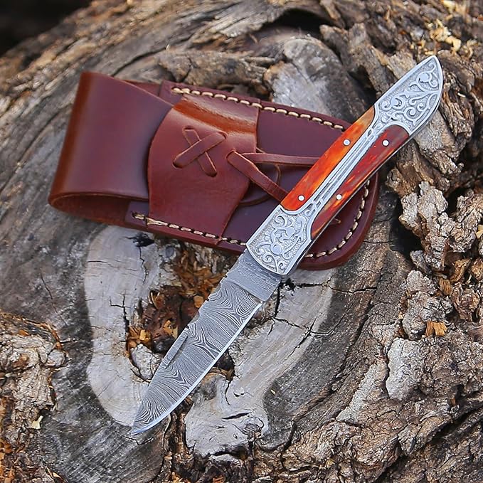 6.5 inch Damascus Pocket Knife with Sheath, Handmade Folding Pocket Knife for Men, Black-Red Wooden