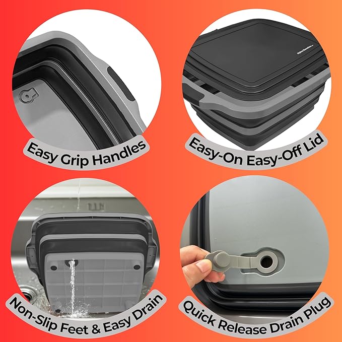 Collapsible X-Large (16L) BBQ Marinating Tub w/Cutting Board | Multipurpose Food-Grade TPE Prep Tub