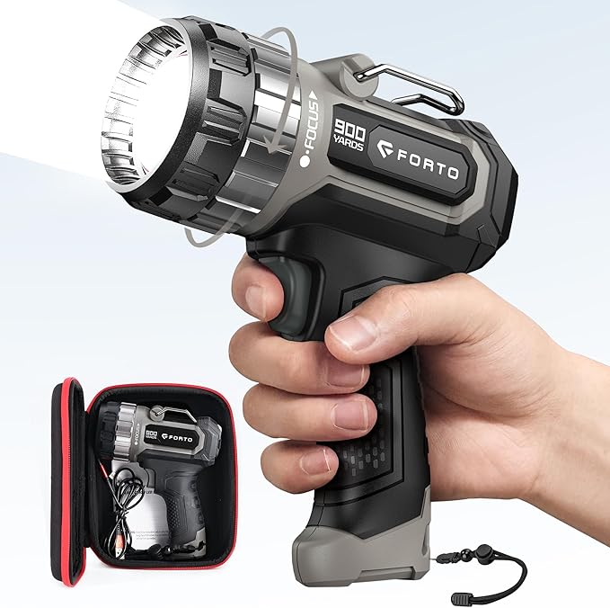 FORTO Compact Rechargeable Spotlight with Adjustable Focus, Handheld Spot Light with Stand, 823m