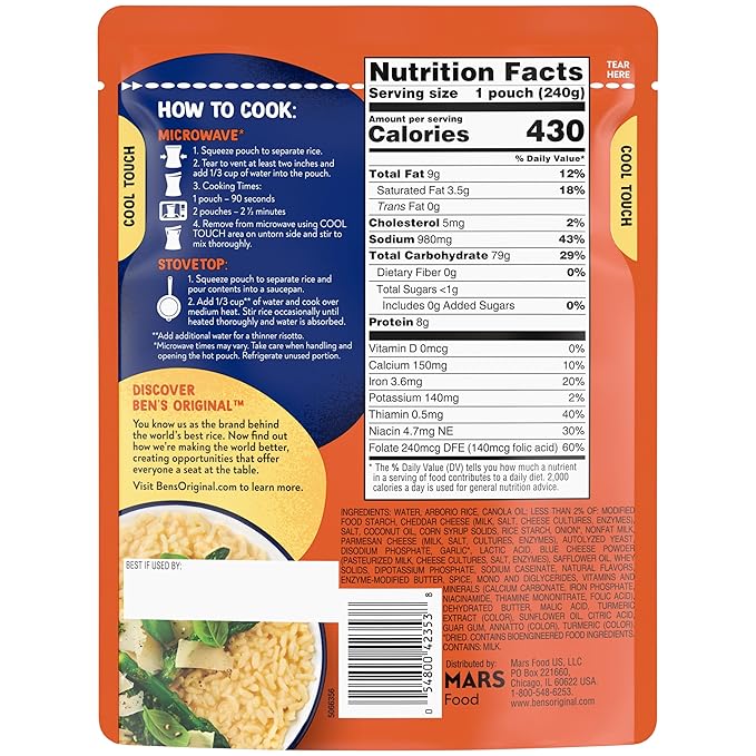 BEN'S ORIGINAL Risotto Cheese Flavored Rice, Easy Dinner Side, 8.5 oz Pouch (Pack of 12)