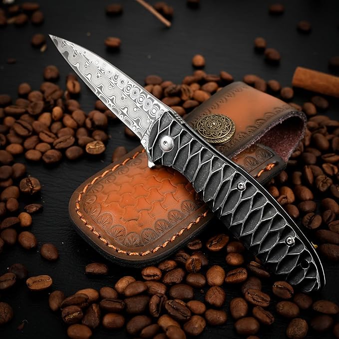 Damascus Pocket Knife, 2.87" Damascus Blade Folding Knives with Stainless Steel Handle, EDC Knife