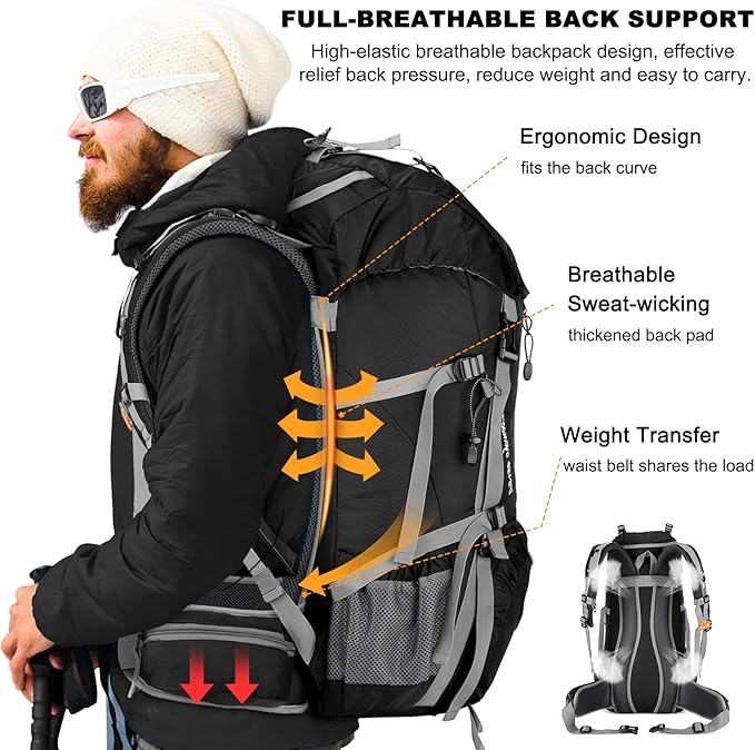 Loowoko 50L Hiking Backpack, Waterproof Camping Essentials Bag with Rain Cover, 45+5 Liter