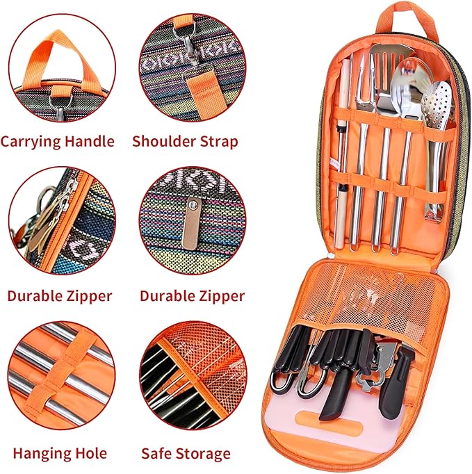 Portable Camping Kitchen Utensil Set-27 Piece Cookware Kit, Stainless Steel Outdoor Cooking and