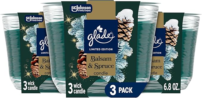 Glade 3-Wick Scented Candle Jar, Balsam & Spruce, Air Freshener Infused with Essential Oils, 6.8