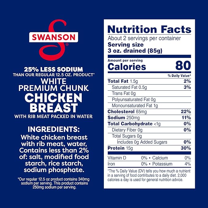 Swanson 25% Less Sodium White Premium Chunk Canned Chicken Breast in Water, 12.5 OZ Can (Case of 12)