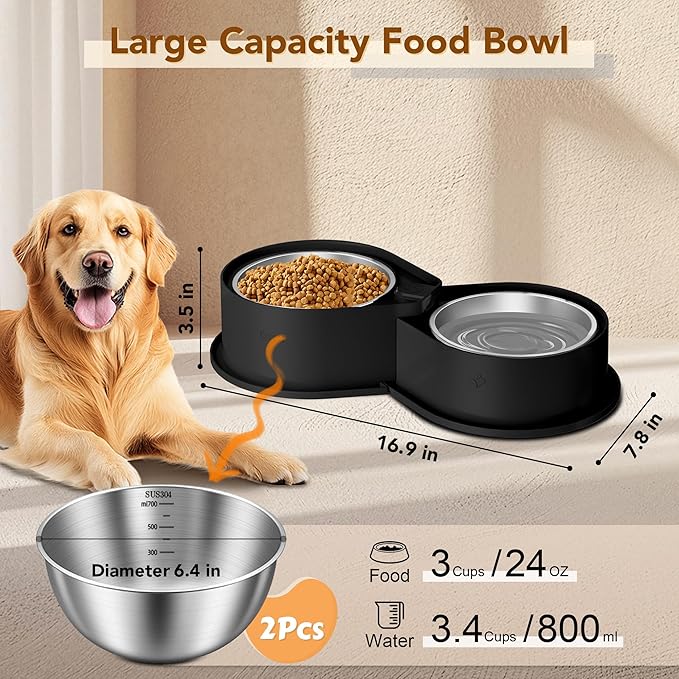 Stainless Steel Dog Bowl Set, 304 Metal Dual Food & Water Bowls for Dogs & Cats, Large Capacity Pet
