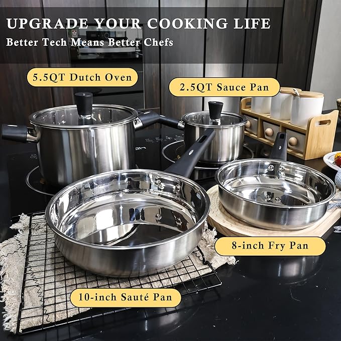 Meythway 𝐔𝐏𝐆𝐑𝐀𝐃𝐄 Stainless Steel Pots and Pans Set Non Toxic, 6PCs Kitchen Cookware Sets