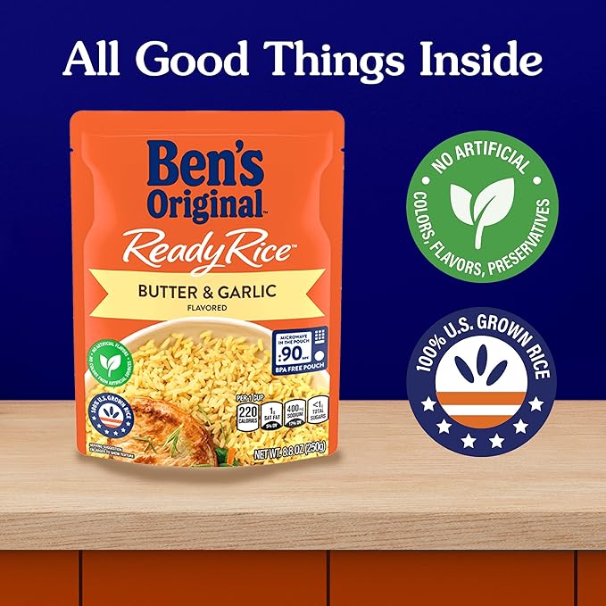 BEN'S ORIGINAL Ready Rice Butter and Garlic Flavored Rice, Easy Dinner Side, 8.8 oz Pouch (Pack of