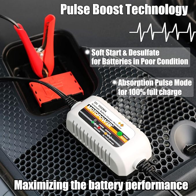 MOTOPOWER MP00205B 12V 1000mA Automatic Battery Charger, Battery Maintainer, Trickle Charger, and