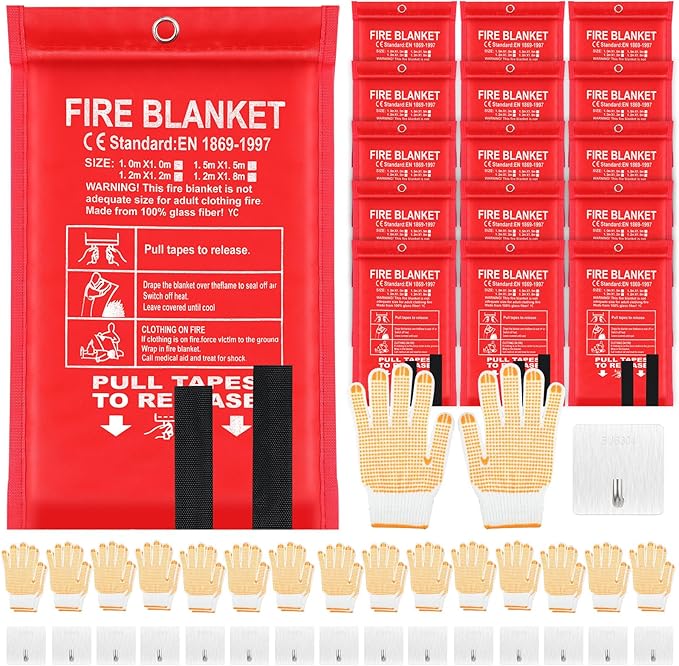 15 Pack Bulk Emergency Fire Blankets for Home and Kitchen with Fireproof Gloves & Hooks Safety