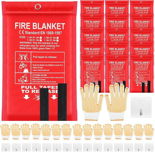 15 Pack Bulk Emergency Fire Blankets for Home and Kitchen with Fireproof Gloves & Hooks Safety