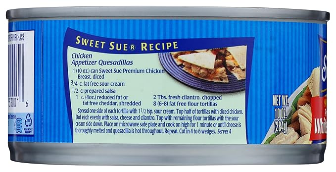 Sweet Sue Chunk White Chicken in Water, 10 oz Can - 11g Protein per Serving, 98% Fat Free - Gluten
