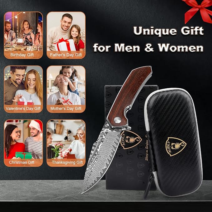 AUBEY Damascus Pocket Knife with Clip, Damascus Steel Blade Folding Knives with Ball Bearing, EDC