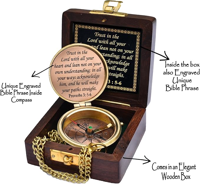 Trust in The Lord With All Your Heart - Proverbs 3:5-6 Quote Engraved Compass With Wooden Box