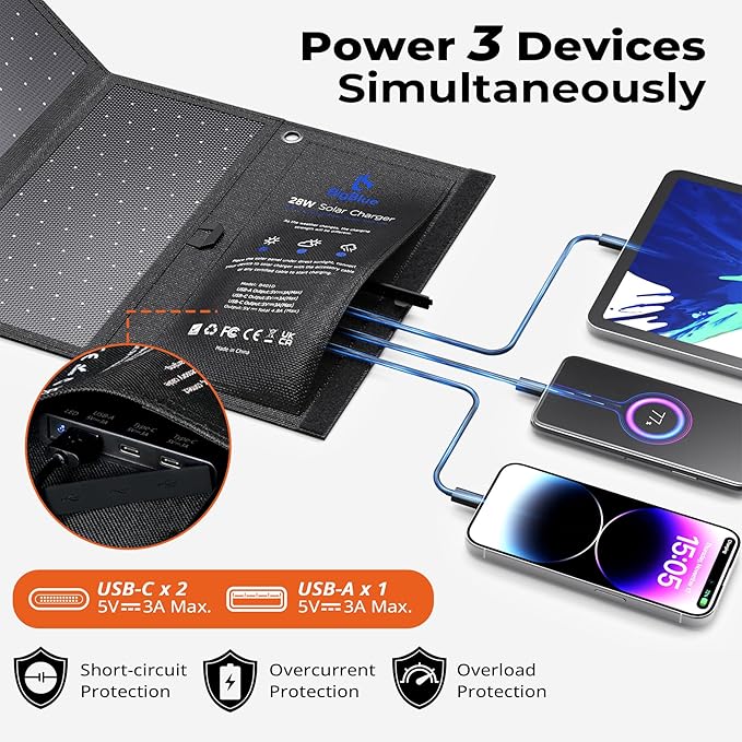 [Upgraded] BigBlue 3 USB Ports 28W Solar Charger(5V/4.8A Max), Portable Foldable Solar Panel for